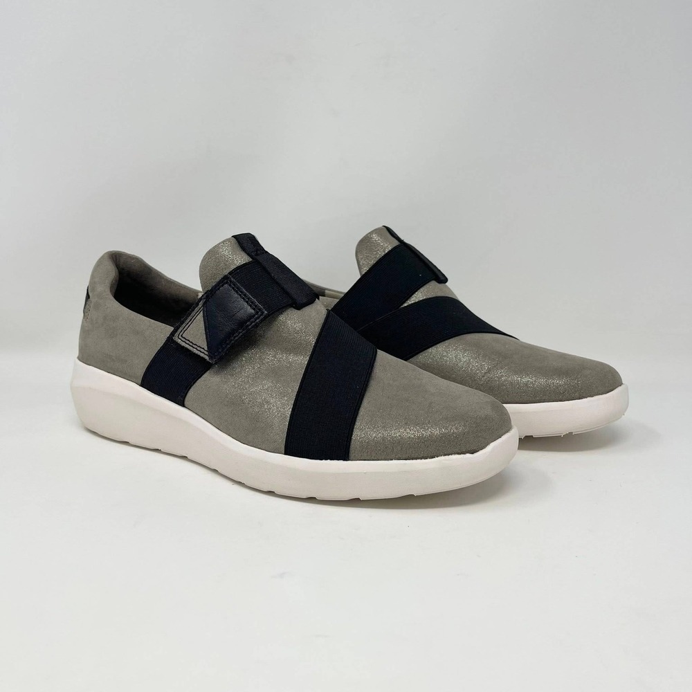 Clarks Kayleigh Charm Slip On Shoes Wms 8.5 Gray Metallic w/Black Casual Sneaker